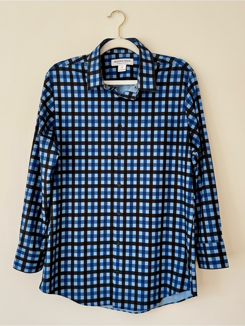 Mizzen + Main Performance Long Sleeve Stretch Button Down, Blue Black Check – M
